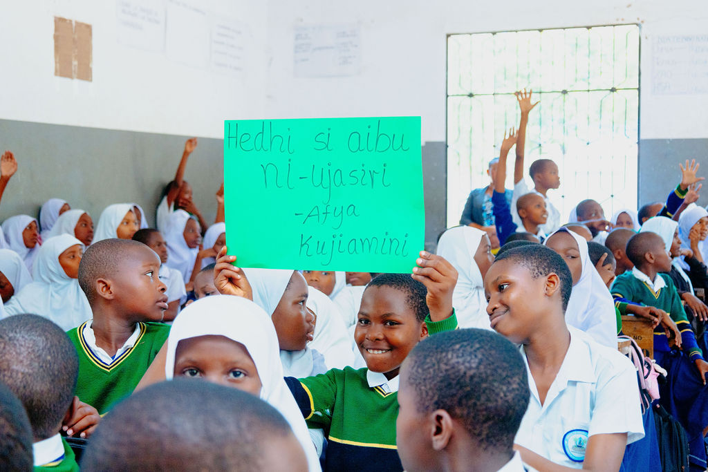 Schoolchildren participating in a health education session